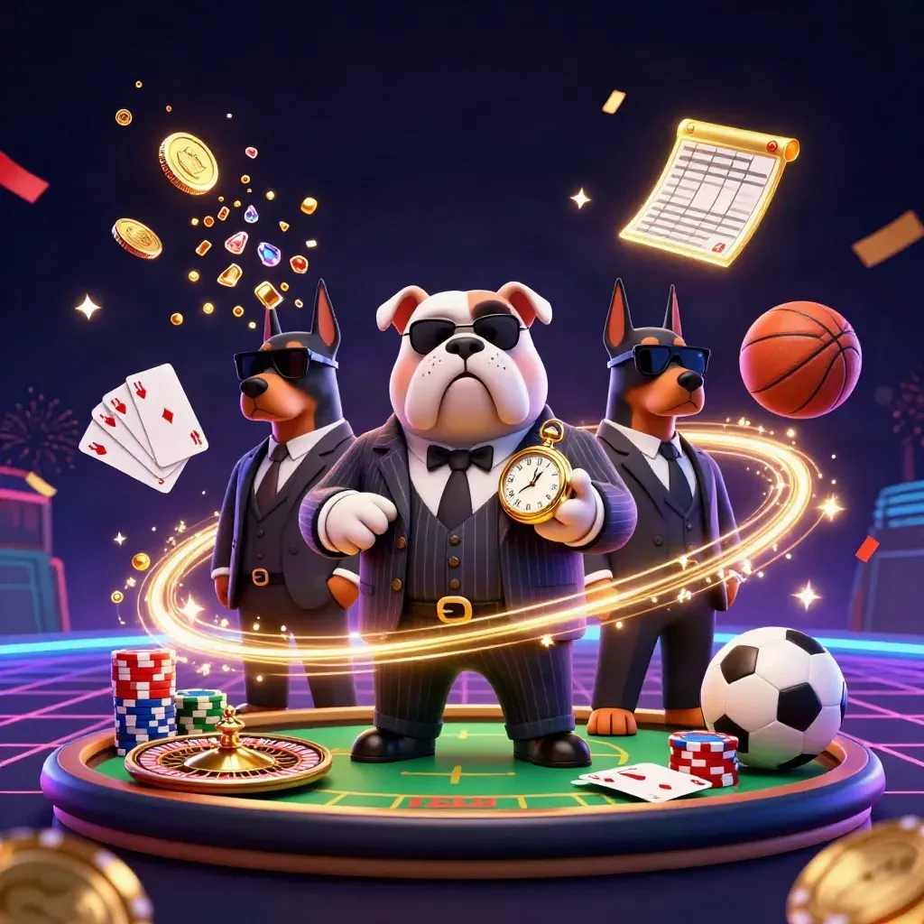 Bulldog mob boss and Doberman guards amid coins, chips, cards and neon casino chaos.