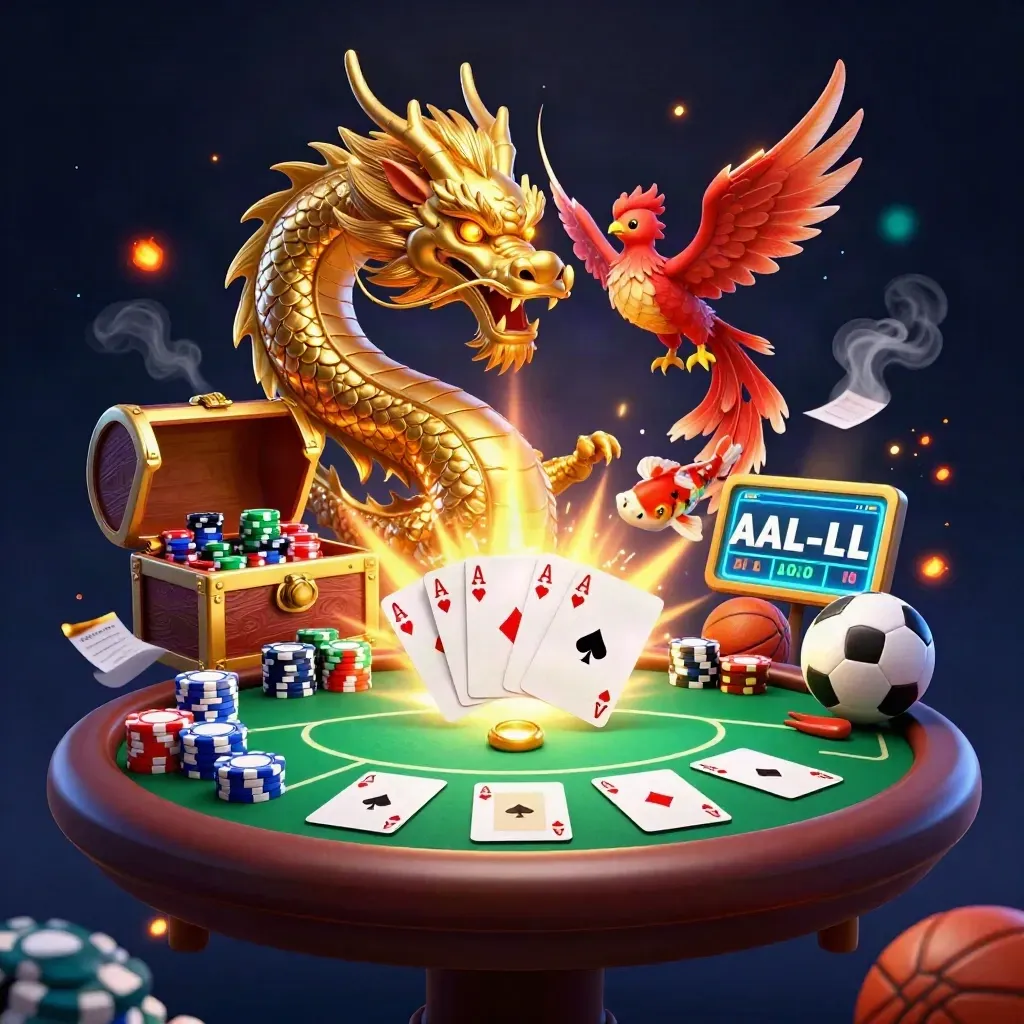 Golden dragon with phoenix, koi and poker props in neon casino lighting
