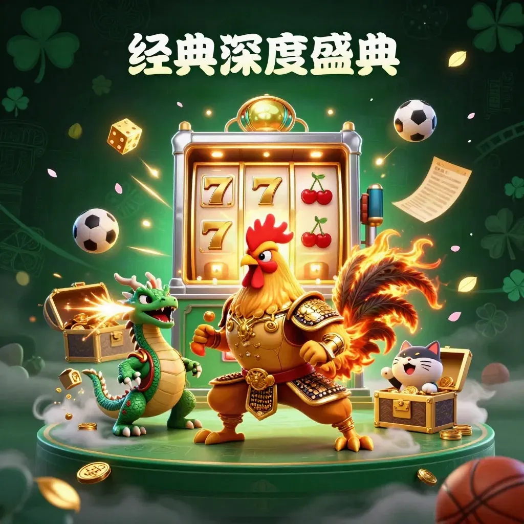 Rooster samurai, dragon hatchling and lucky cat amid casino bursts, emerald light and treasure.