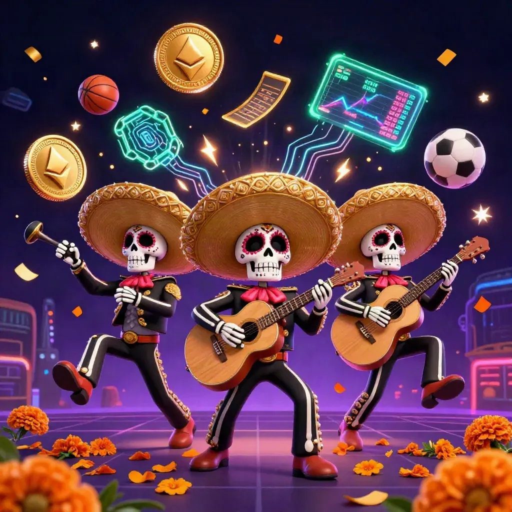 Three skeleton mariachi heroes amid neon coins, confetti, fireworks, and betting symbols.
