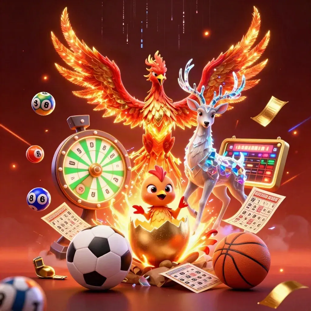 Phoenixes and a stag burst amid casino icons, embers, and neon light.