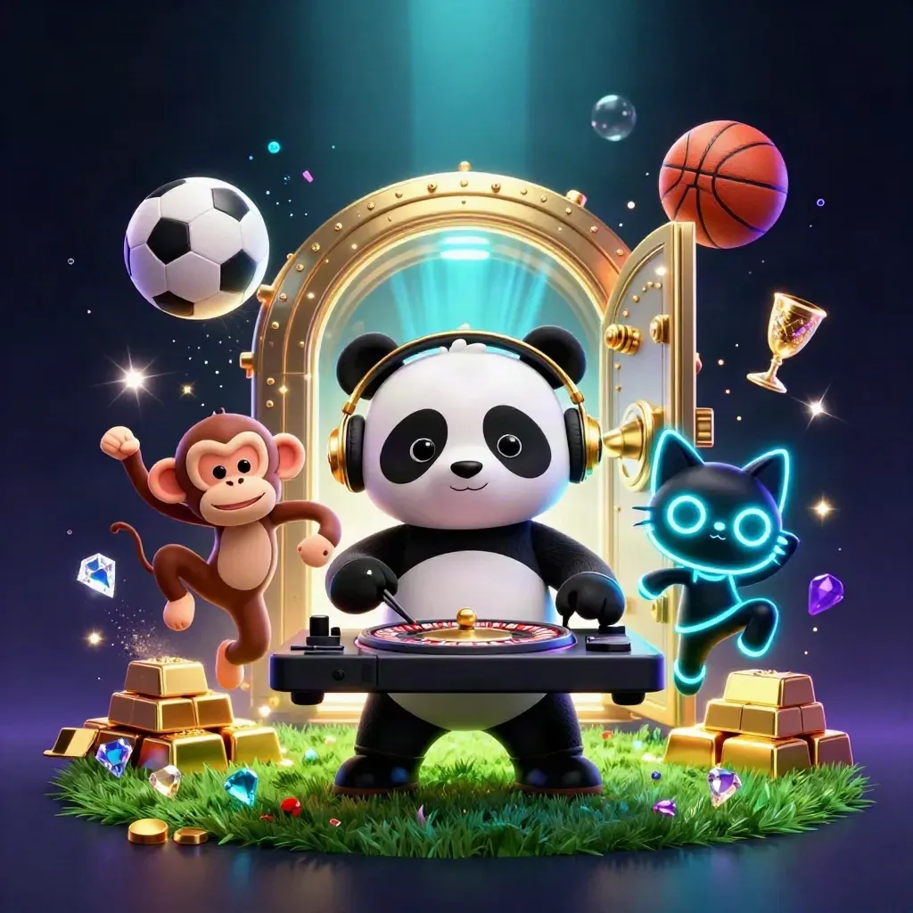 DJ panda, monkey, and glow kitten amid vault gold, balls, and neon casino light