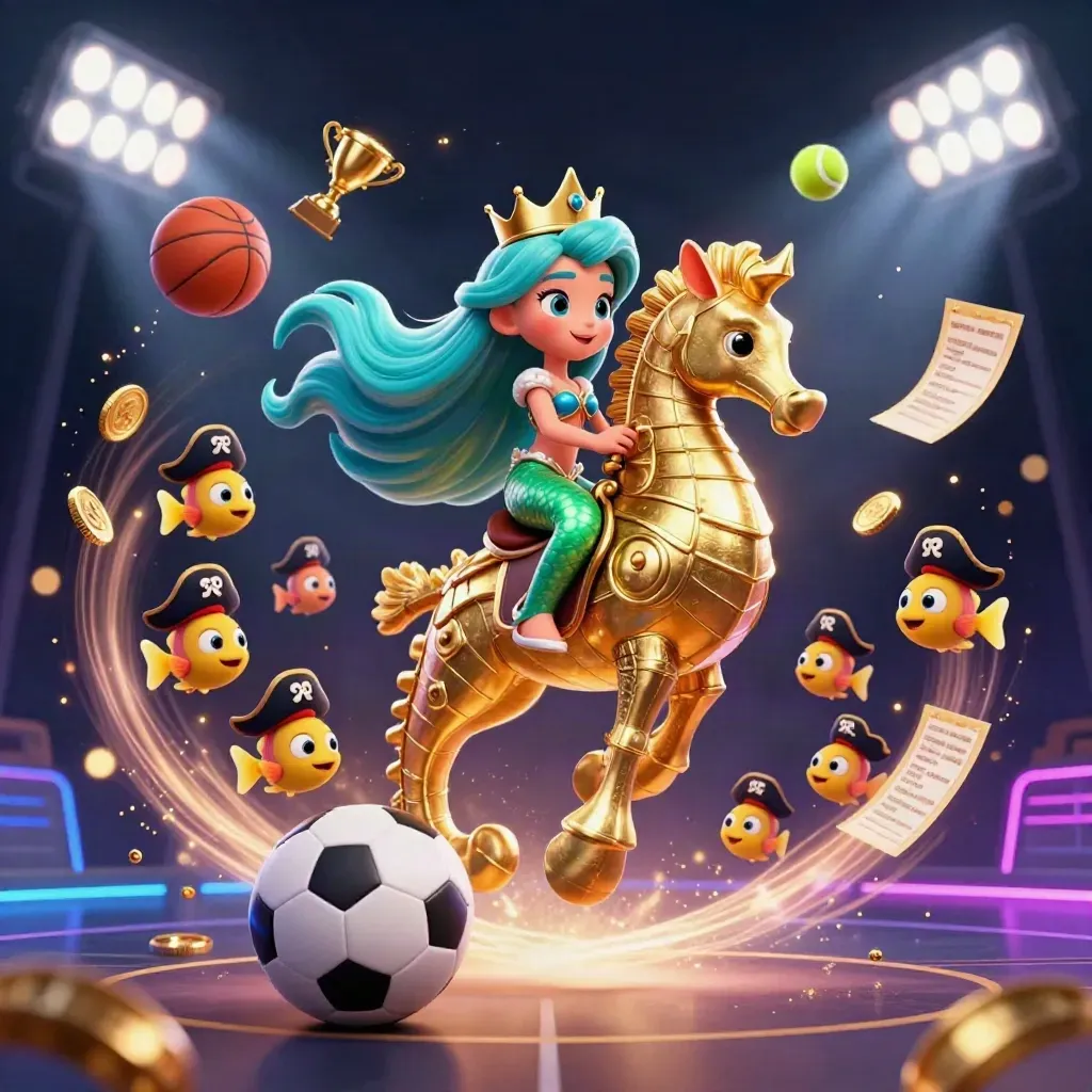 Mermaid princess on a golden seahorse amid flying sports balls, coins, and stadium lights
