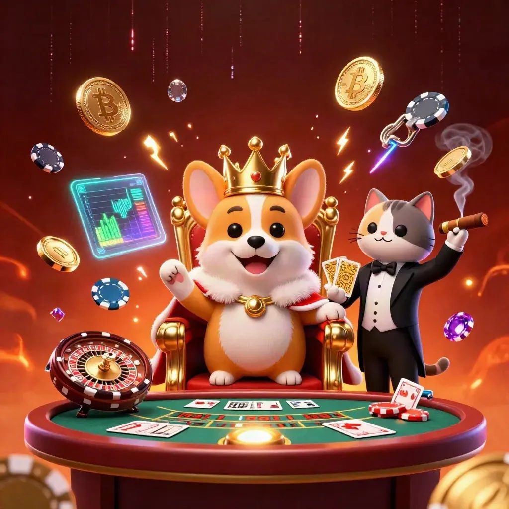 Crowned corgi and cat butler in a luxe neon casino room with coins, tech arcs, and chandelier glow.