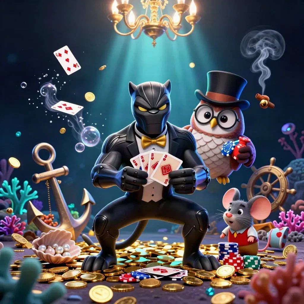 Panther, owl, and mouse in a glowing underwater casino with coins, coral, and a spinning roulette wheel