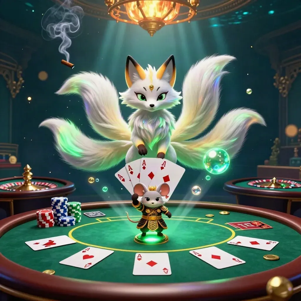 Nine-tailed fox spirit and samurai mouse in a glowing casino room with cards, chips and roulette.