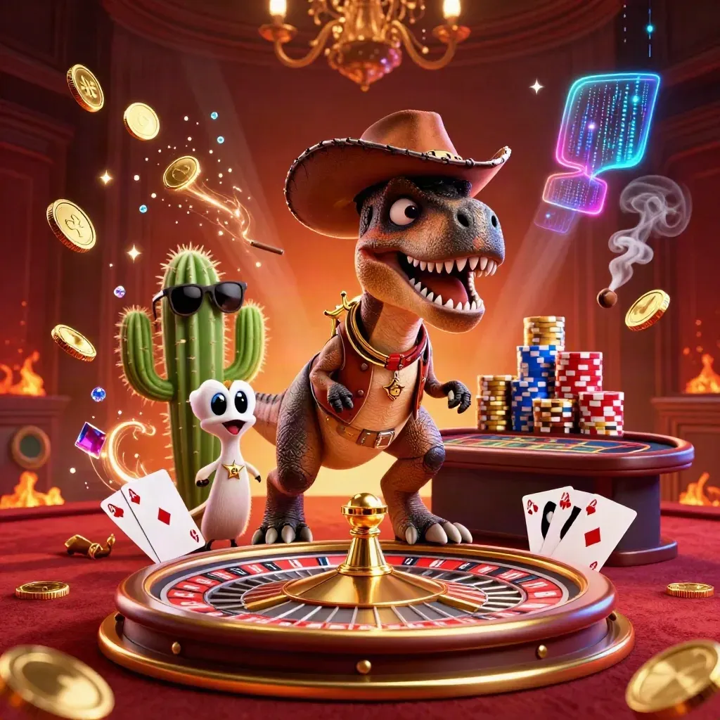 Cowboy T-Rex, cactus sidekick and sheriff roadrunner in a luxe neon casino with spinning gold loot
