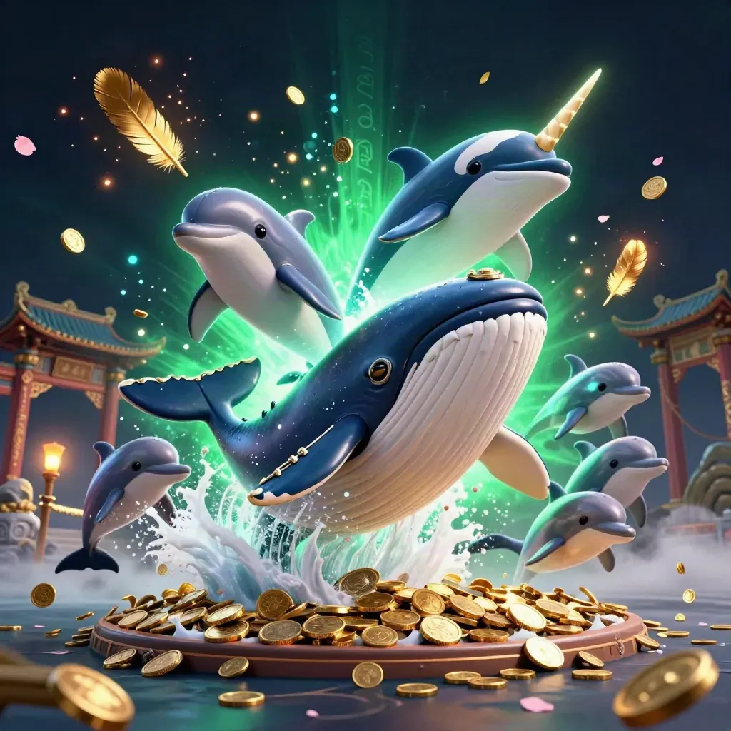 Captain whale, narwhal and dolphins burst through coins amid temple gates and green magic.