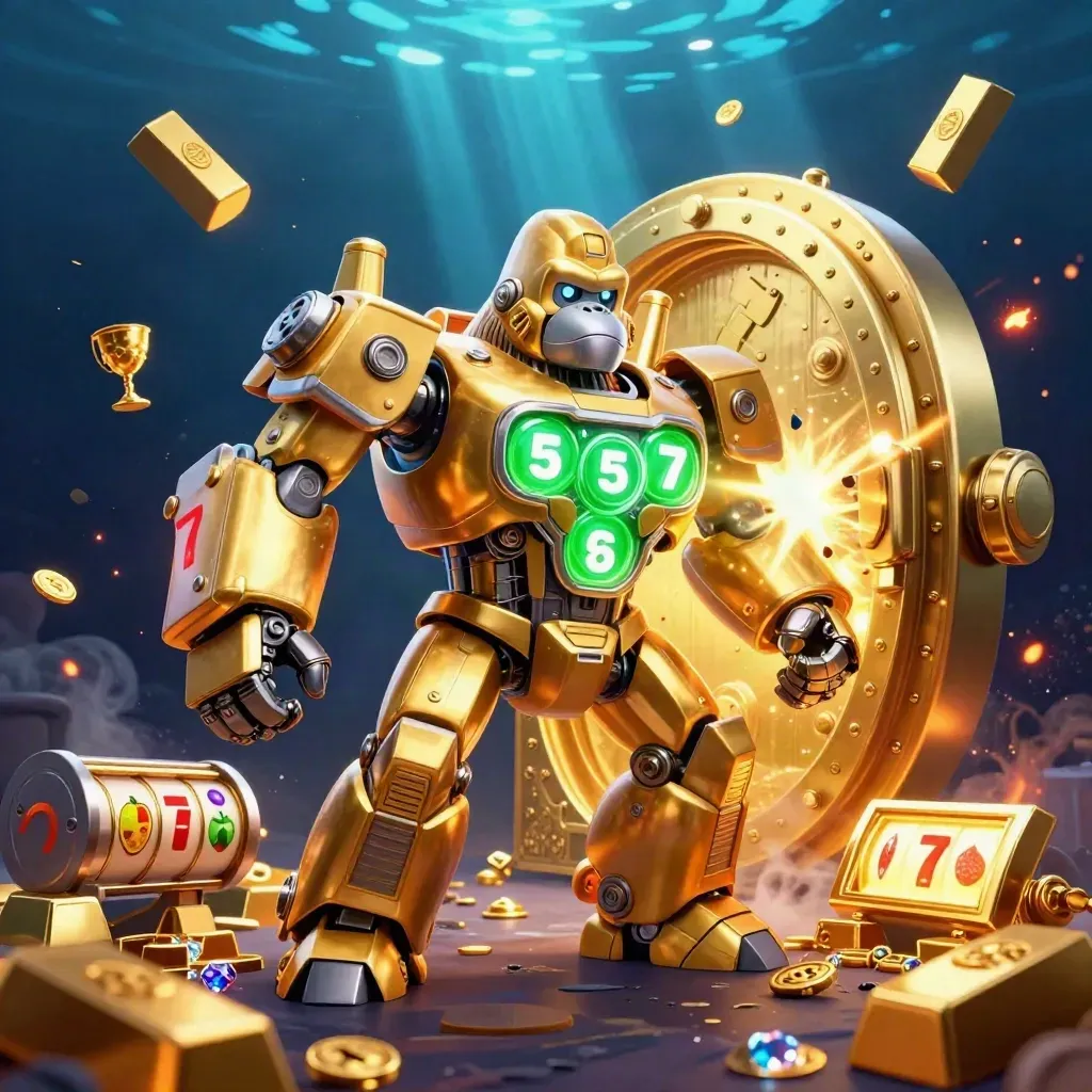 Golden gorilla mech and tiny pilot erupt from a glowing treasure vault in deep navy water