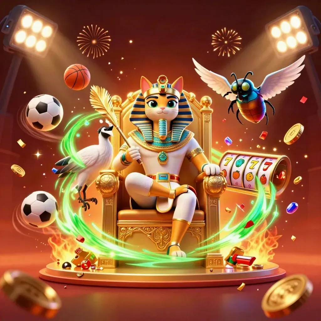 Pharaoh cat, ibis scribe and gem scarabs amid sports balls, coins and neon casino energy.