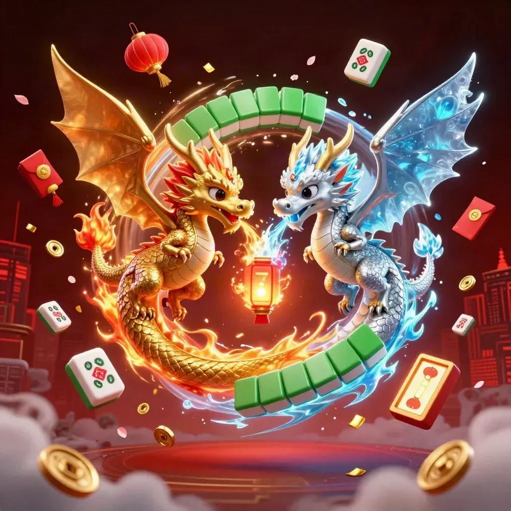 Twin gold and silver dragons spiral with fire, ice, lanterns, coins, petals and neon green glow.