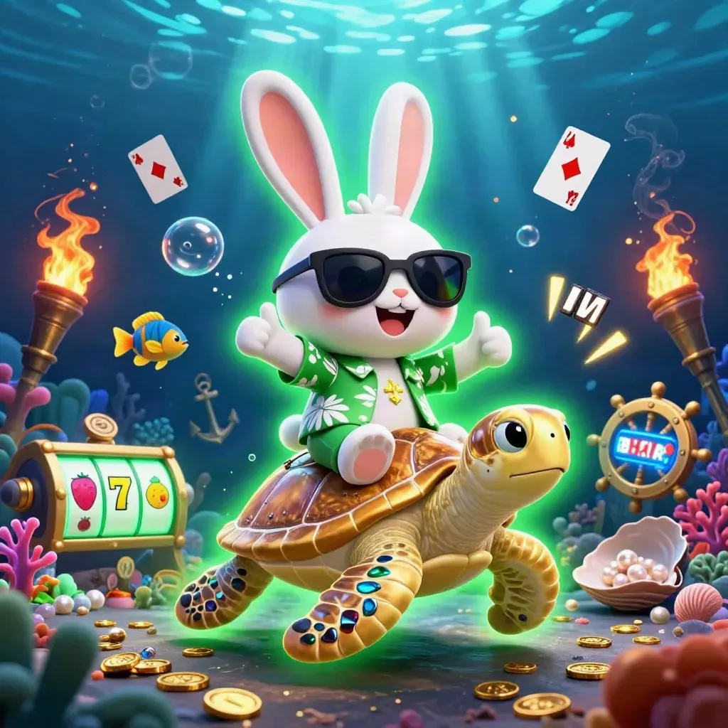 Lucky rabbit rides a golden sea turtle amid treasure, bubbles, and electric green glow.