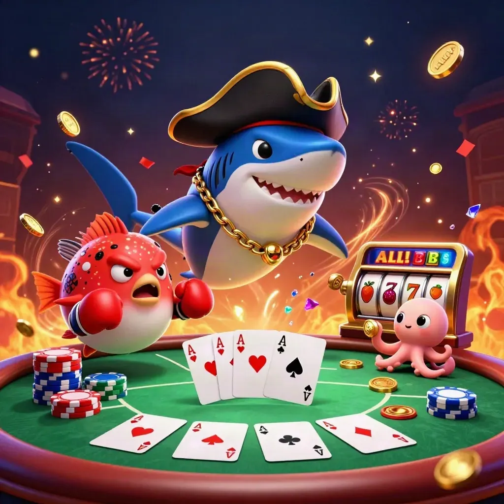 Shark pirate, boxing pufferfish, and coin-juggling octopus amid poker chips and neon casino glow.
