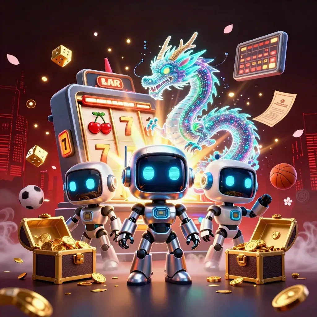Cyberpunk robot, holographic dragon and coin drone amid jackpot burst, gold coins and sports props