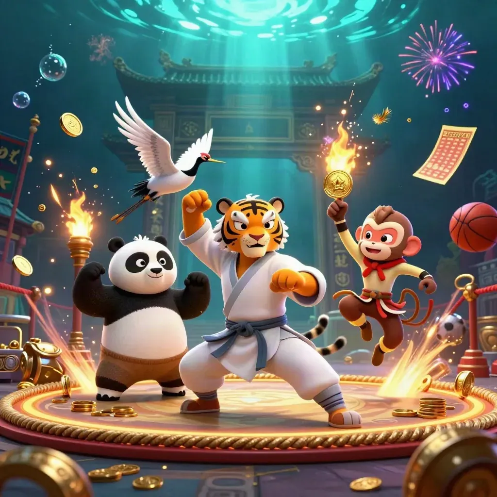 Tiger, panda, and monkey amid coins, sports props, and fireworks in an underwater temple burst.
