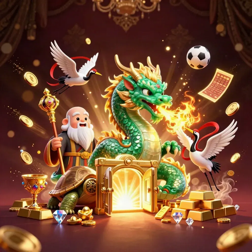 Dragon, turtle sage and cranes burst from a treasure vault with gold, gems and sports props.
