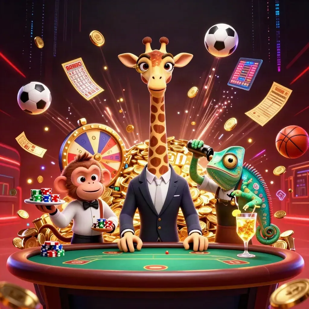 Giraffe, monkey, and chameleon celebrate amid coins, fireworks, and casino props.