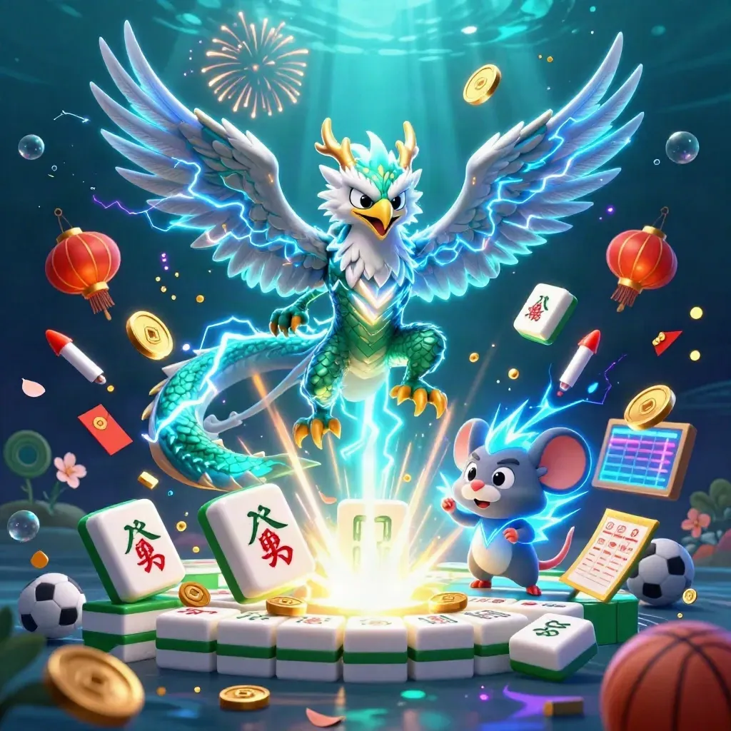Thunder dragon, hawk and mouse amid exploding coins, lanterns and sports icons