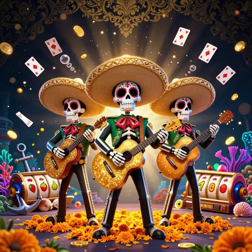 Skeleton mariachi trio in a treasure cove with coins, coral, reels, and casino glow.