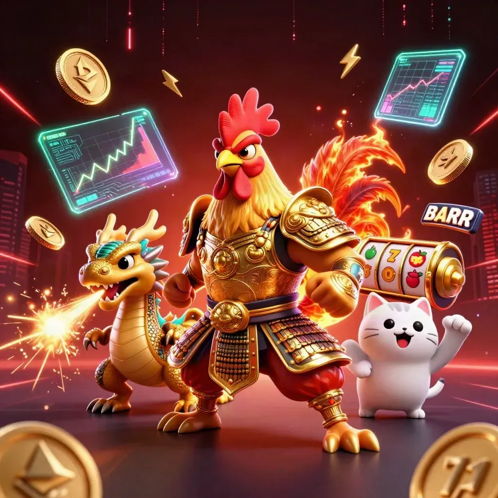 Rooster warrior, spark-breathing hatchling and cheering cat amid glowing casino effects.