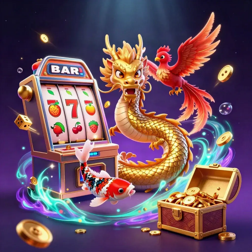 Golden dragon coils around treasure chest with phoenix, koi, slot reels, dice, and jackpot glow.