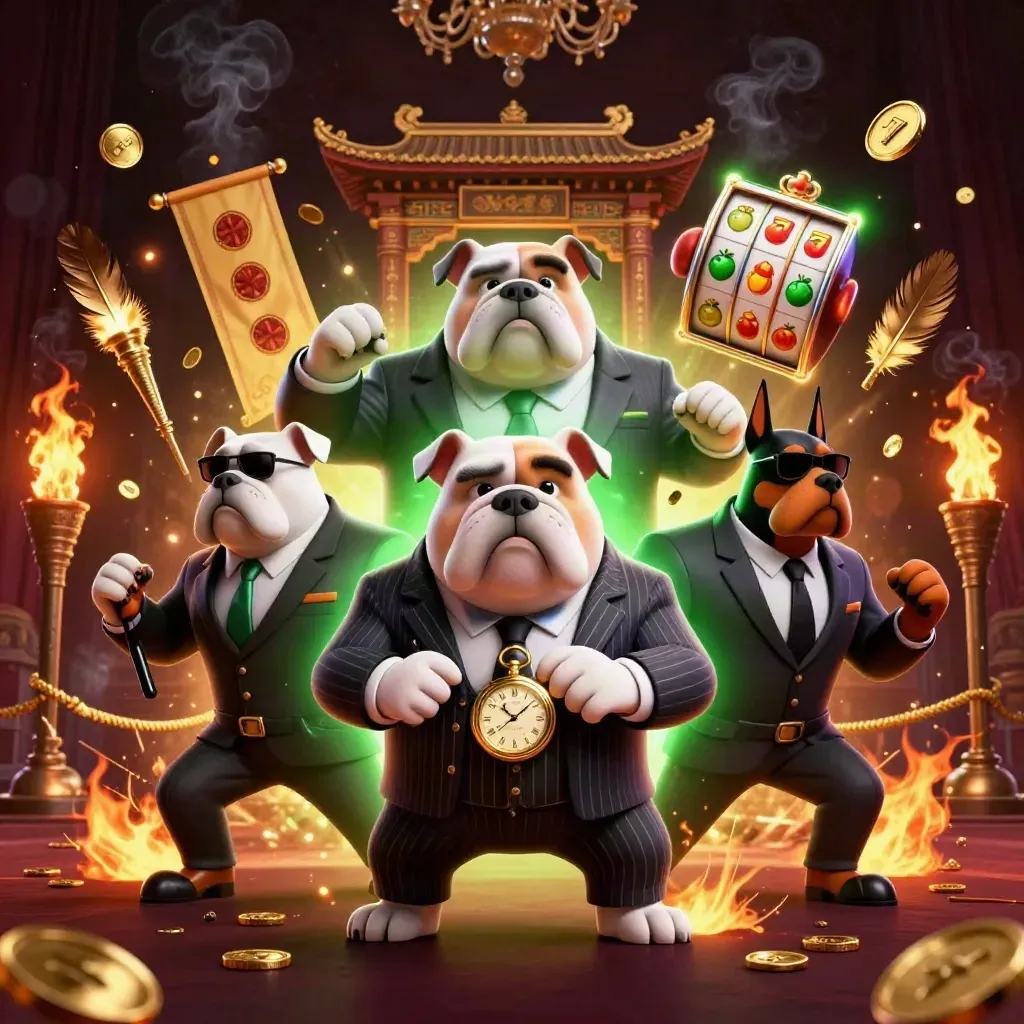 Bulldog boss and Doberman guards amid gold coins, temple gate, reels, embers in a dark casino glow.