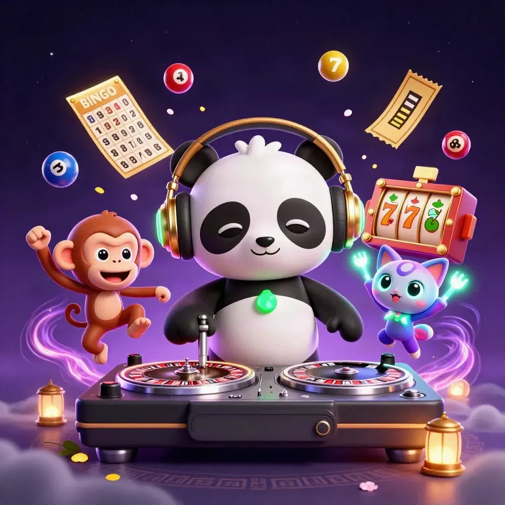DJ panda, breakdancing monkey and glow-stick kitten in a neon casino burst of wheels, balls and gold.