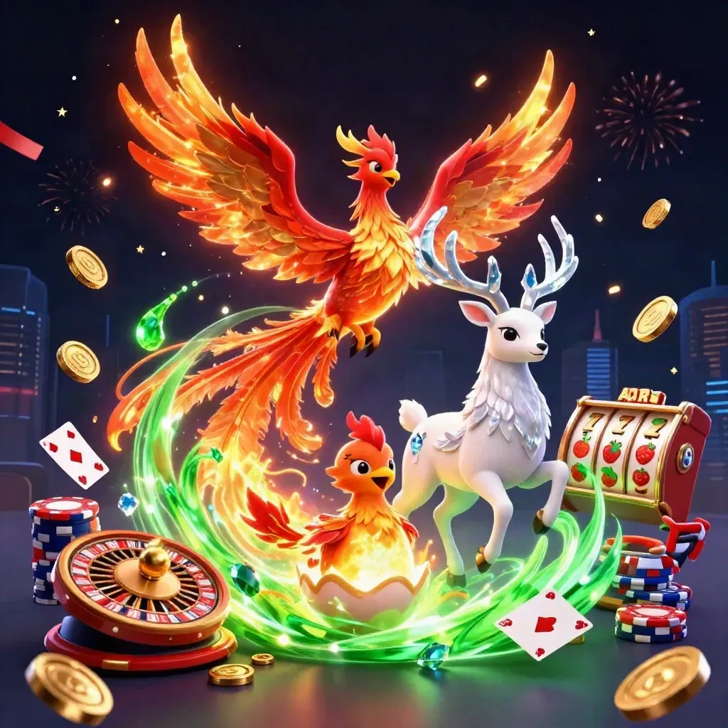 Phoenix, hatchling, and crystal stag amid casino reels, coins, and fireworks on dark navy